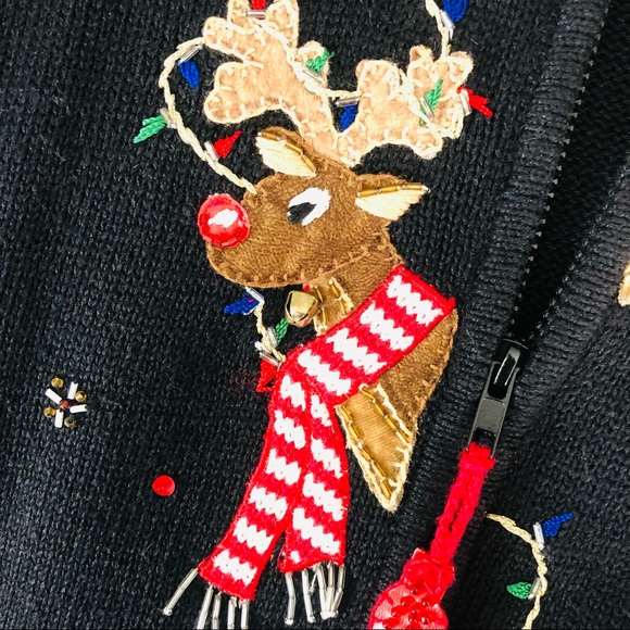 Tiara Christmas Holiday Cardigan Sweater Zips Up 2003 Reindeer Size XL Petite - Picture 4 of 12